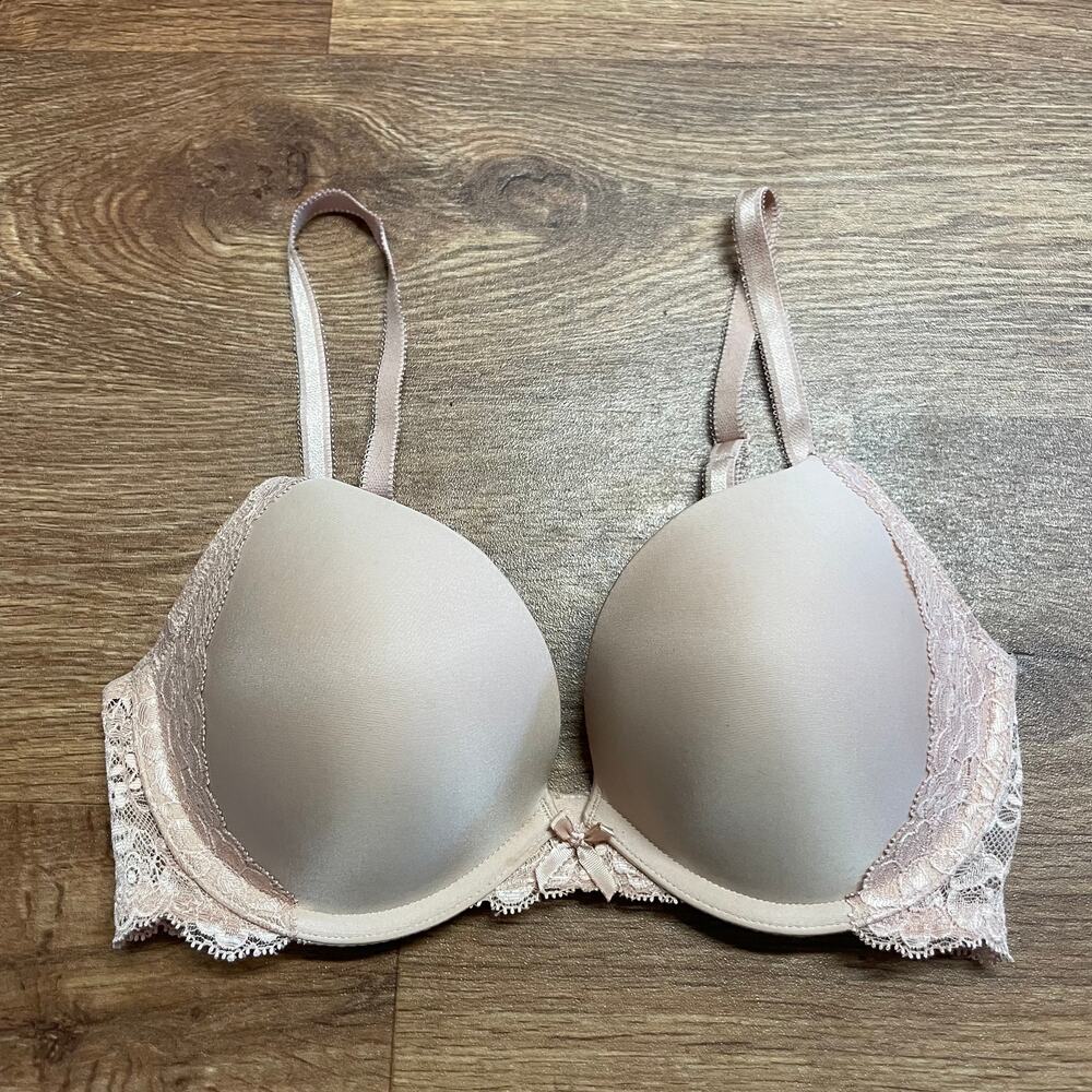 Victorias Secret Nude Dream Push Up Bra Womens Size 32D Beige Lace Padded Tan - Picture 1 of 8